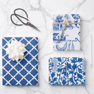 Chinoiserie Chic Bamboo   Blau und Weiß Geschenkpapier Set