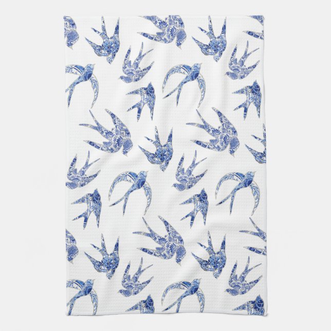 Chinoiserie Chic Bird Swallows Blue n White Mosaik Geschirrtuch (Vertikal)