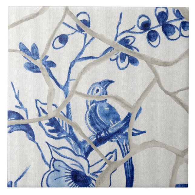 Chinoiserie Chic Blue White Chinese Bird Floral Fliese (Vorderseite)