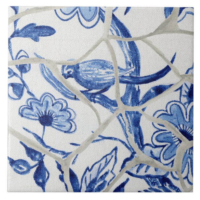Chinoiserie Chic Blue White Chinese Bird in Tree Fliese (Vorderseite)