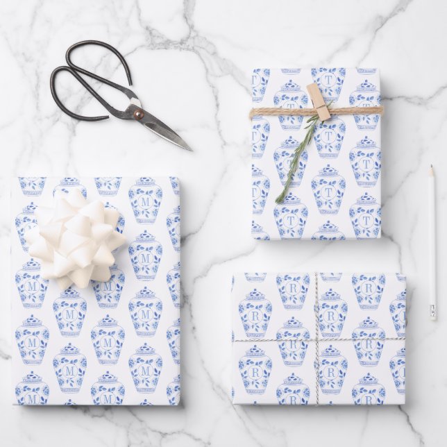 Chinoiserie Chic Blue & White Ginger Jar Monogram Geschenkpapier Set (Vorderseite)