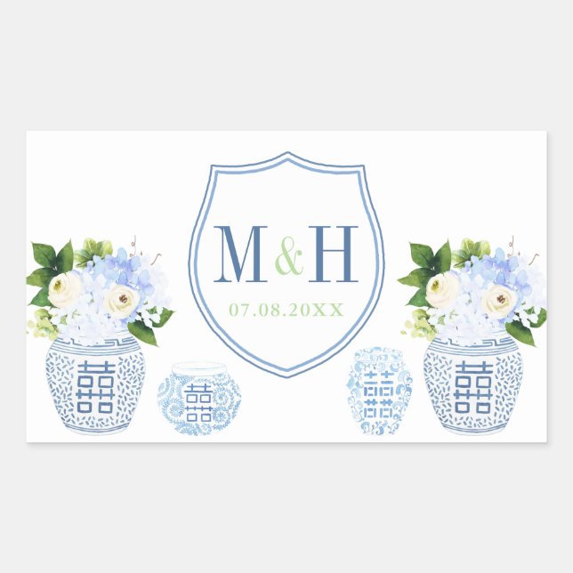 Chinoiserie Chic Blue & White Wedding Wappen Gefal Rechteckiger Aufkleber (Vorderseite)