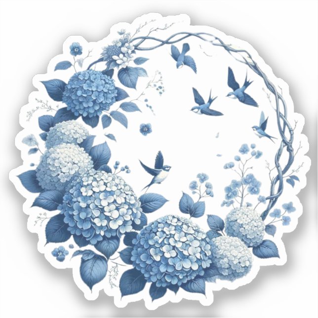 Chinoiserie Chic, Hydrangeas und Bluebirds Wreath Aufkleber (Vorderseite)