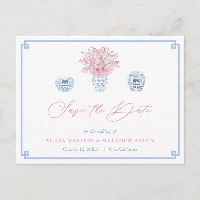 Chinoiserie Chic Pink Blue Wedding rettet das Datu Postkarte (Vorderseite)