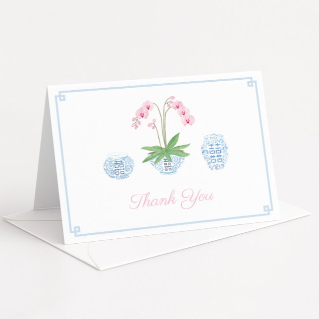 Chinoiserie Chic Pink Orchid Polterabend Dankeskarte (Preppy pink watercolor orchid and pale blue and white ginger jar thank you cards)