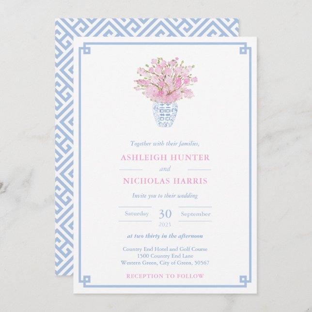 Chinoiserie Chic Pink und Blue Watercolor Wedding Einladung (Vorne/Hinten)