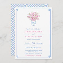 Chinoiserie Chic Pink und Blue Watercolor Wedding Einladung
