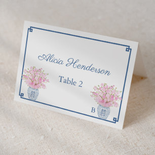 Chinoiserie Chic Pink und Navy Hochzeit Platzkarte Tischnummer