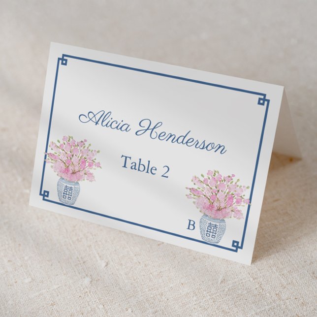 Chinoiserie Chic Pink und Navy Hochzeit Platzkarte Tischnummer (Chinoiserie chic navy and pink individual place cards for wedding, bridal shower or baby shower)