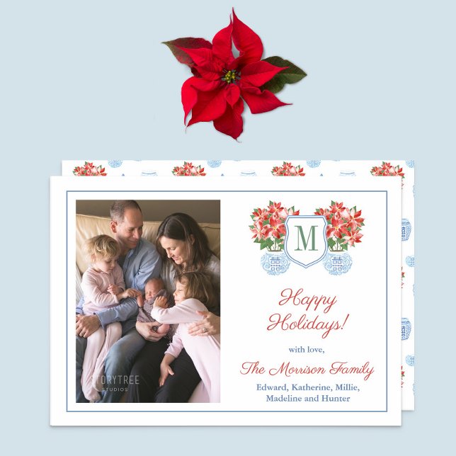 Chinoiserie Chic Poinsettia Foto Weihnachten (Holidays Card Design: Elegant Red Poinsettia in ginger jar planter, monogram crest & family photo. )