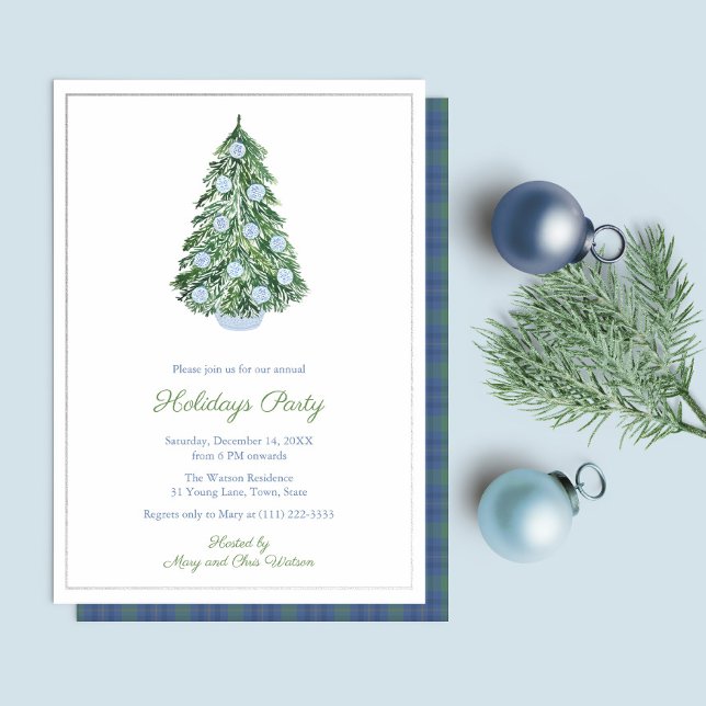 Chinoiserie Chic Weihnachtsfeiertage Party Blau Folieneinladung (Refined Holidays Party Invitation with hand painted elements and real foil border)