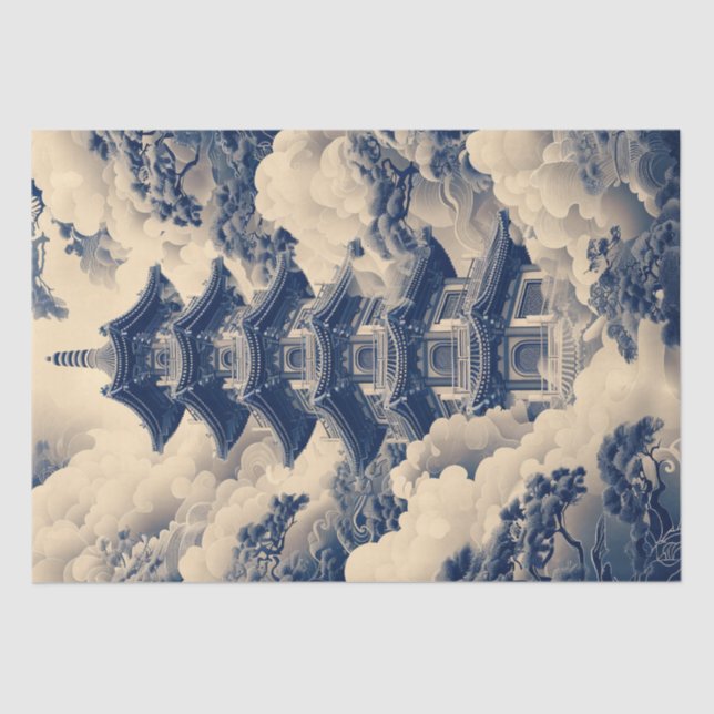 Chinoiserie Chinese Temple Blue Decoupage Seidenpapier (Vorderseite)