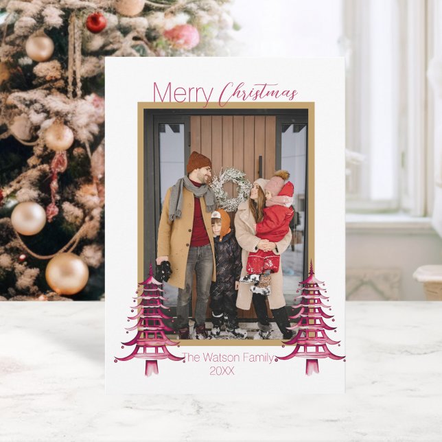 Chinoiserie Christmas Dusty Pink Pagode 1 Foto Feiertagskarte (Chinoiserie Christmas Dusty Pink Pagoda 1-Photo Holiday Card)