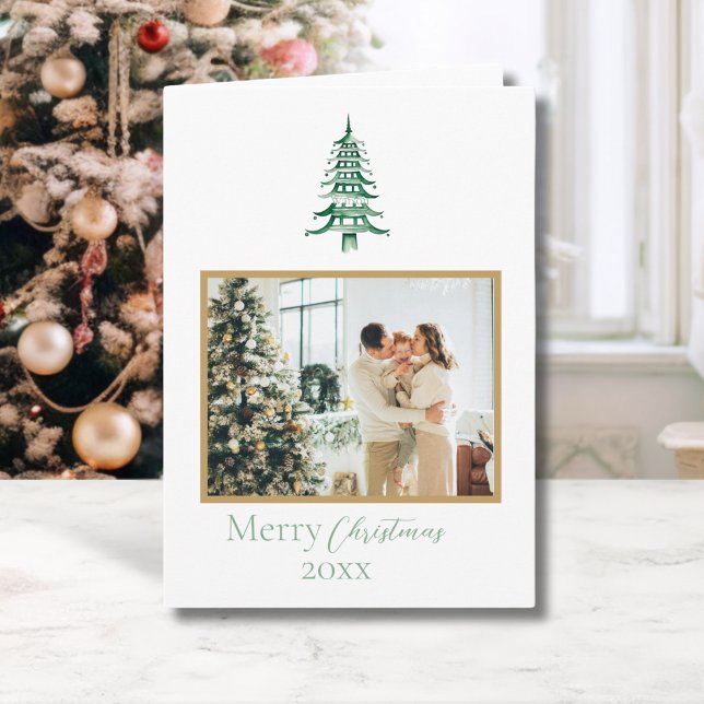 Chinoiserie Christmas Green Pagoda 1 Foto Karte (Chinoiserie Christmas Green Pagoda 1-Photo Card)