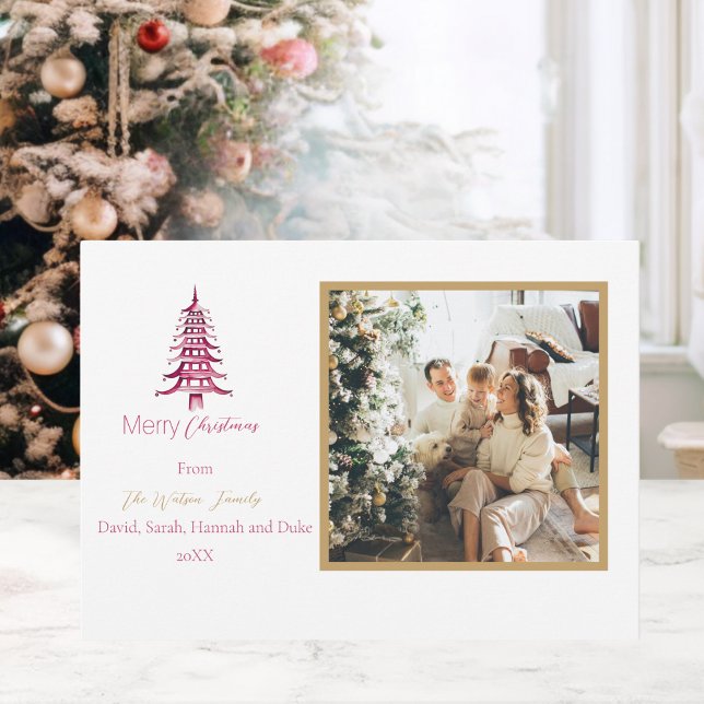 Chinoiserie Christmas Simple Red Pagoda 2 Foto Feiertagskarte (Chinoiserie Christmas Simple Red Pagoda 2-Photo Holiday Card)