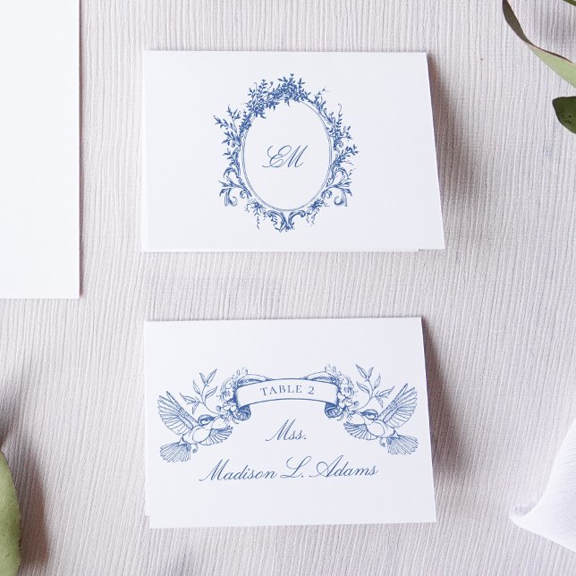Chinoiserie Classic Blue Birds Faltable Name Card Tischnummer (Blue victorian birds and flower frames for a chinoiserie inspired wedding stationery suite)