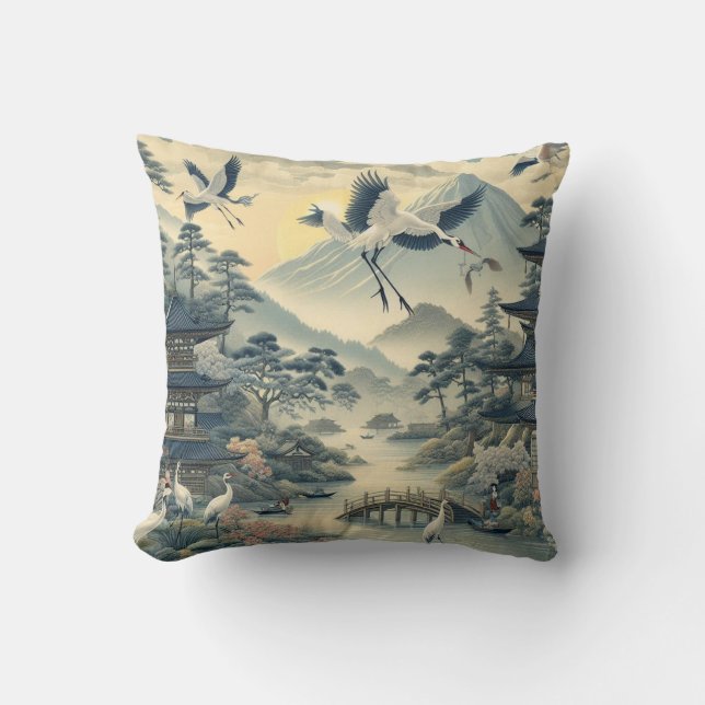 Chinoiserie Crane Bird Pagoda Landschaft Muster Kissen (Vorderseite)