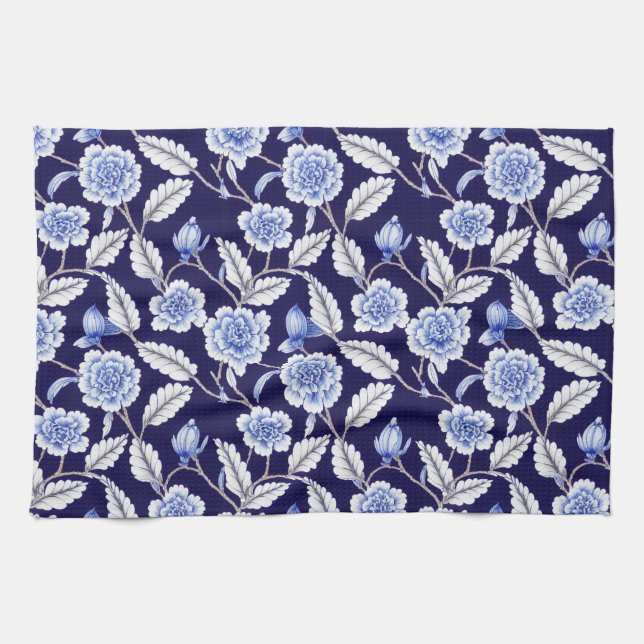 Chinoiserie Delft Blue Floral Porzellan Muster Geschirrtuch (Horizontal)