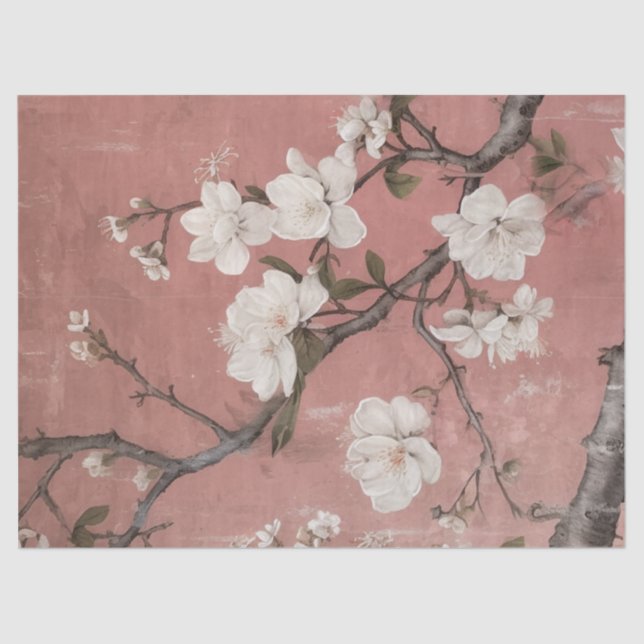 Chinoiserie Dusty Pink Cherry Blossom Hintergrund Seidenpapier (Vorderseite)
