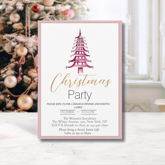 Chinoiserie Dusty Pink und Red Pagoda Weihnachten Einladung (Chinoiserie Pagoda Christmas tree- Christmas party invitation)