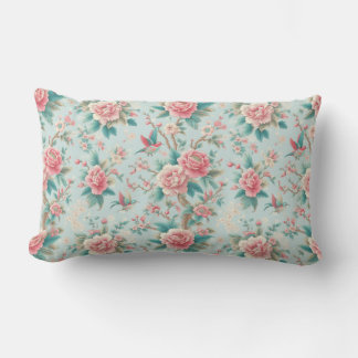 Chinoiserie Elegante Rosa und Aqua Flora Bird Lendenkissen