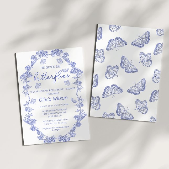 Chinoiserie er gibt mir Schmetterlinge Brautparty Einladung (Whimsical He Gives Me Blue Chinoiserie Butterflies Bridal Shower)