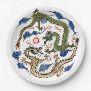 Chinoiserie Famille Verte Drachen Flammende Perle Pappteller