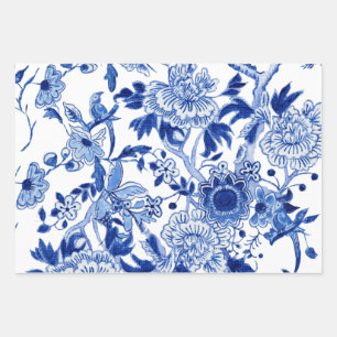 Chinoiserie Floral Bird Blue und White Decoupage Geschenkpapier Set