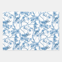 Chinoiserie Floral Bird Dusty Blue White Decoupage Geschenkpapier Set