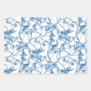 Chinoiserie Floral Bird Dusty Blue White Decoupage Geschenkpapier Set