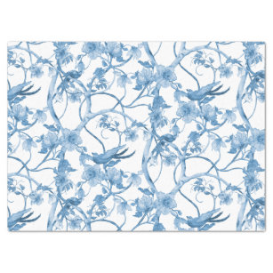 Chinoiserie Floral Bird Dusty Blue White Decoupage Seidenpapier
