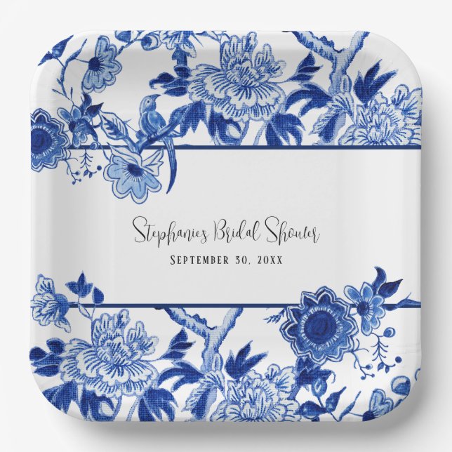 Chinoiserie Floral Blau und Weiß Bridal Pappteller (Vorderseite)