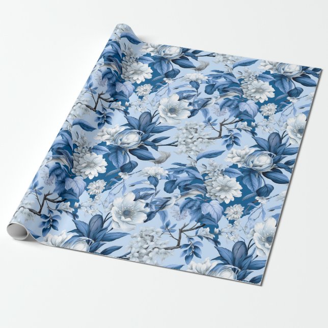 Chinoiserie Floral Blau Weiße Malerei Geschenkpapier (Ungerollt)