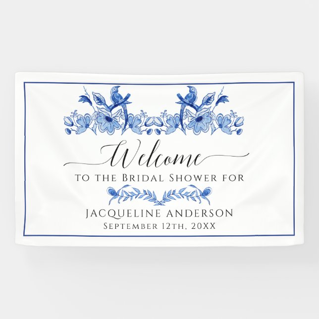 Chinoiserie Floral Blue White Bird Brautparty Banner (Horizontal)