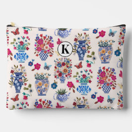 Chinoiserie Floral Monogram Cosmetic Makeup Bag Zubehörtasche