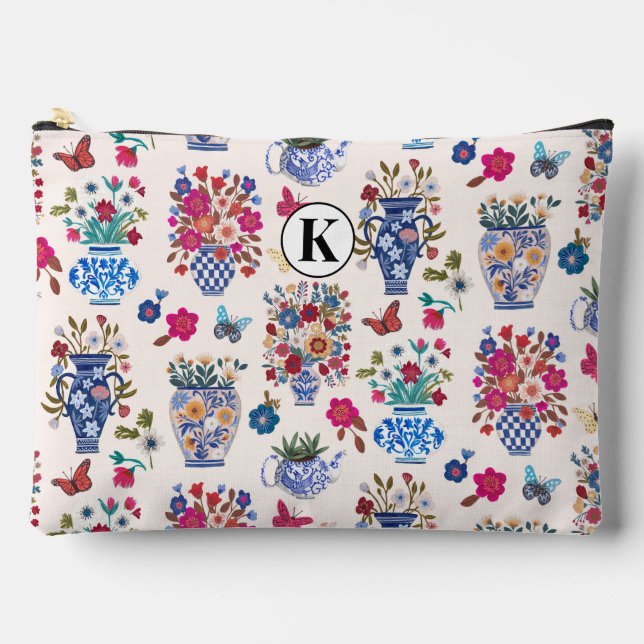 Chinoiserie Floral Monogram Cosmetic Makeup Bag Zubehörtasche (Vorderseite)