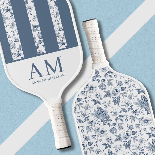 Chinoiserie Floral Pattern Azulejo Blue Monogram Pickleball Schläger (Blue Stripes Monogrammed Personalized Chinoiserie Pickleball Paddle, Old Money Aesthetic Floral)