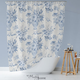 Chinoiserie Floral Vase Peony Blue White Bath Duschvorhang