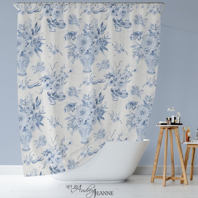 Chinoiserie Floral Vase Peony Blue White Bath Duschvorhang (Blue and White Toile Chinoiserie Flora by Audrey Jeanne)