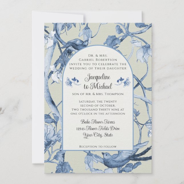 Chinoiserie Floral White Blue n Sage Birds Wedding Einladung (Vorderseite)
