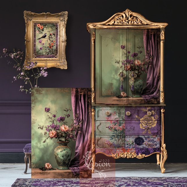 Chinoiserie Florenz Stillleben Seidenpapier (Oriental Aesthetics, Chinoiserie Still Life Vase & Floral, Decoupage Tissue Paper.)