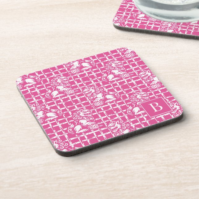 Chinoiserie-Foo-Dog - Hot Pink Bamboo-Gitter  Getränkeuntersetzer (Linke Seite)