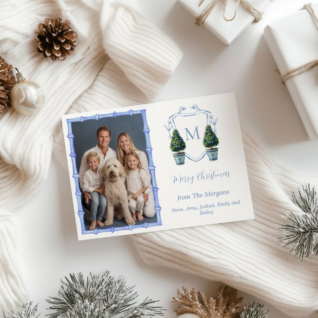Chinoiserie Formschnittbaum Monogramm Foto Feiertagskarte (Chinoiserie Topiary Tree Holiday Photo Card)