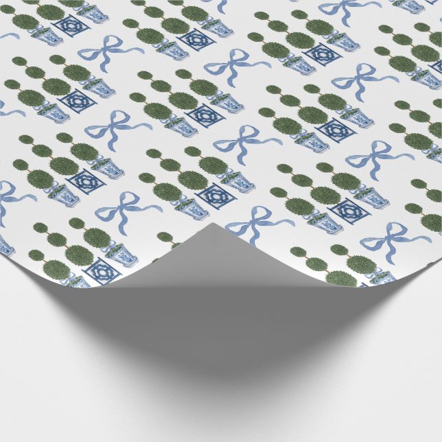 Chinoiserie-Formtopiary Baum Blaue Schleife Geschenkpapier (Ecke)