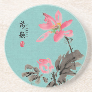 Chinoiserie Freehand Wasserfarben Lotus Getränkeuntersetzer