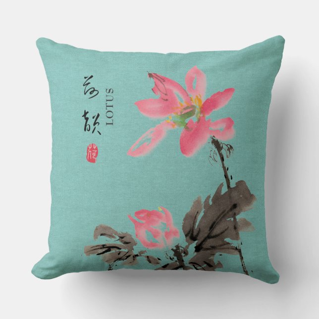 Chinoiserie Freehand Wasserfarben Lotus Green Kissen (Vorderseite)
