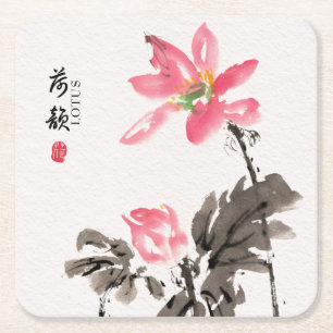 Chinoiserie Freehand Wasserfarben Lotus Rechteckiger Pappuntersetzer