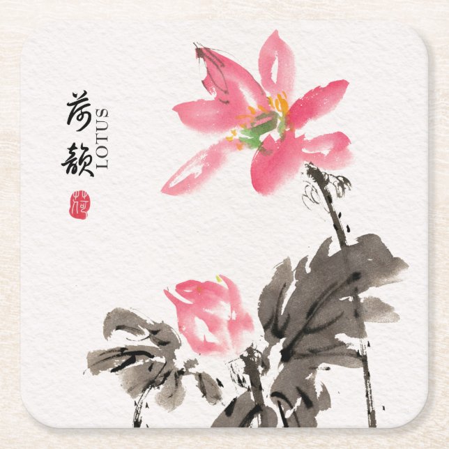 Chinoiserie Freehand Wasserfarben Lotus Rechteckiger Pappuntersetzer (Vorderseite)
