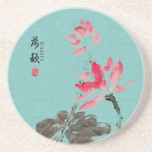 Chinoiserie Freehand Watercolor Lotus Blume Grün Getränkeuntersetzer