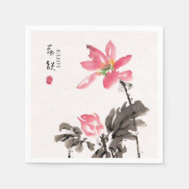 Chinoiserie Freehand Watercolor Lotus Napoli Serviette (Vorderseite)